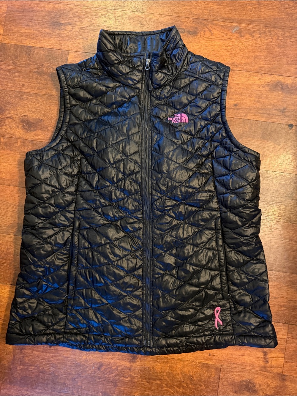 The North Face Black Quilted Vest with Pink Logo and Breast Cancer Ribbon
